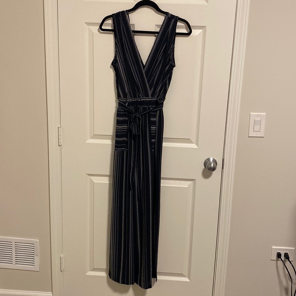 Monteau | Blue & white striped vneck jumpsuit